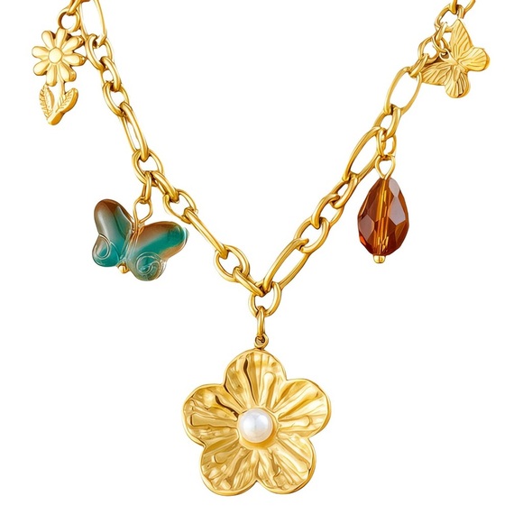 Anointed Beauty Boutique Jewelry - Charming Gold Necklace with Floral and Butterfly Accents